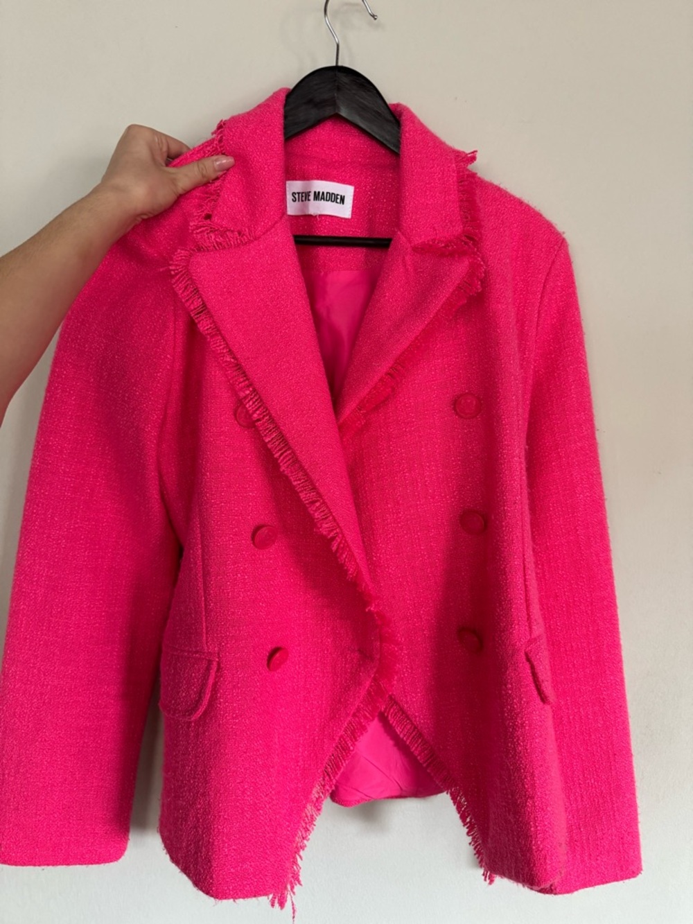 Steve Madden Bright Pink Tweed Fringed Double-Breasted Blazer - Picture 2 of 6